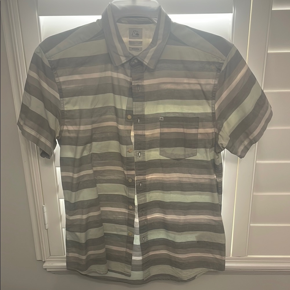 Quiksilver Green Striped Casual Button Down Shirt